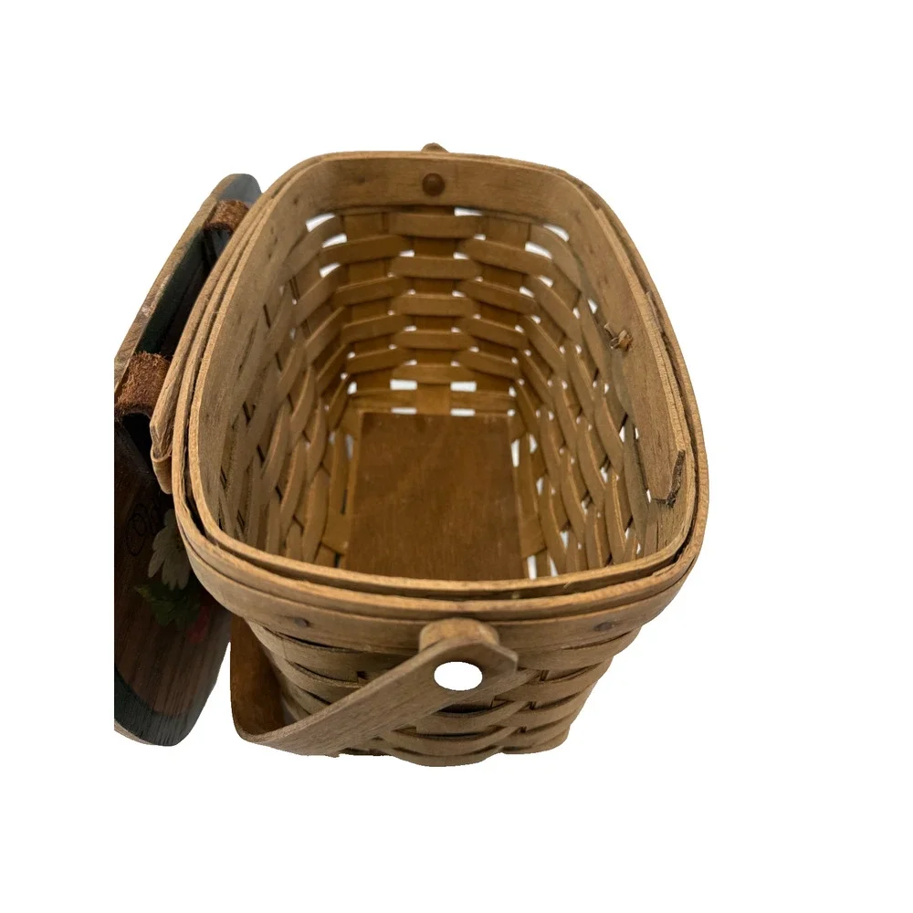 Longaberger Small Purse Basket w/Strawberry & Daisy Painted Lid RARE 9.5L 6W 6H